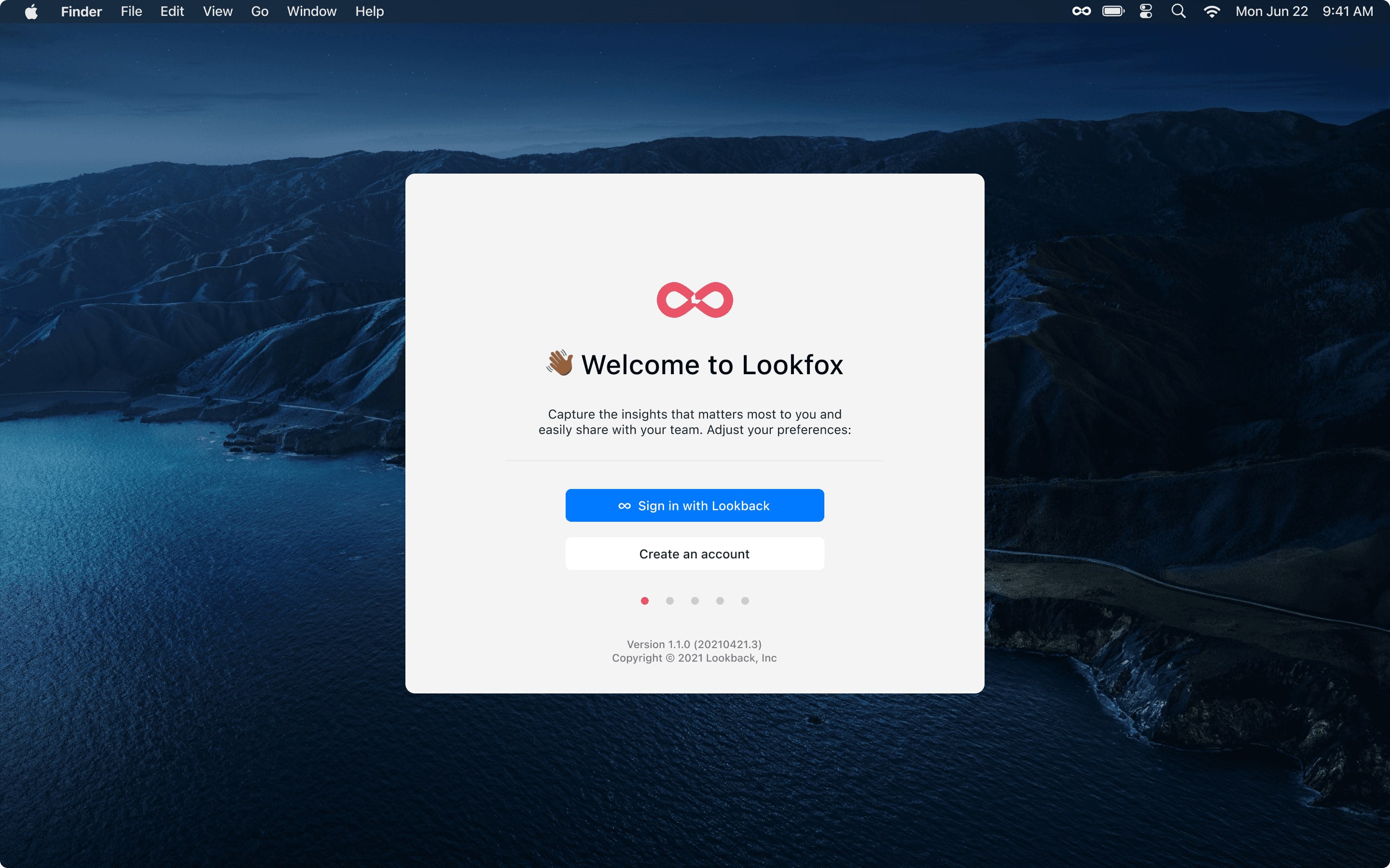 Lookfox welcome window on a macOS desktop with Sign in with Lookback and Create an account buttons